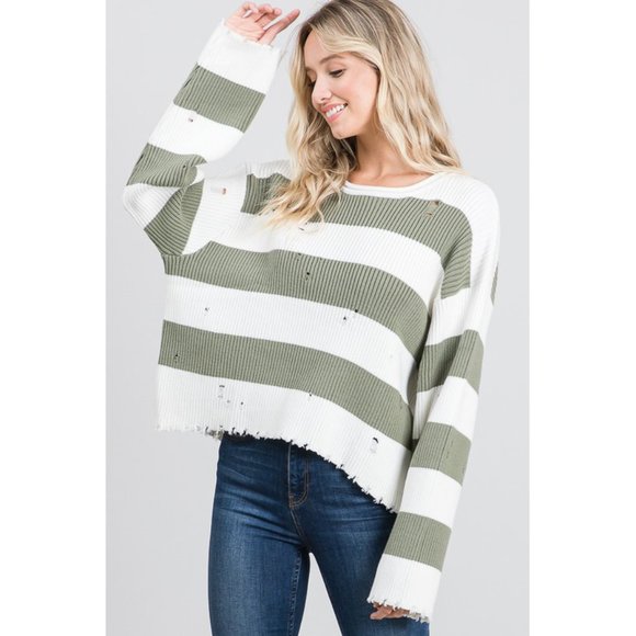 Women's Striped Knit Sweater With Distressing Details (White/Olive) - Picture 2 of 4